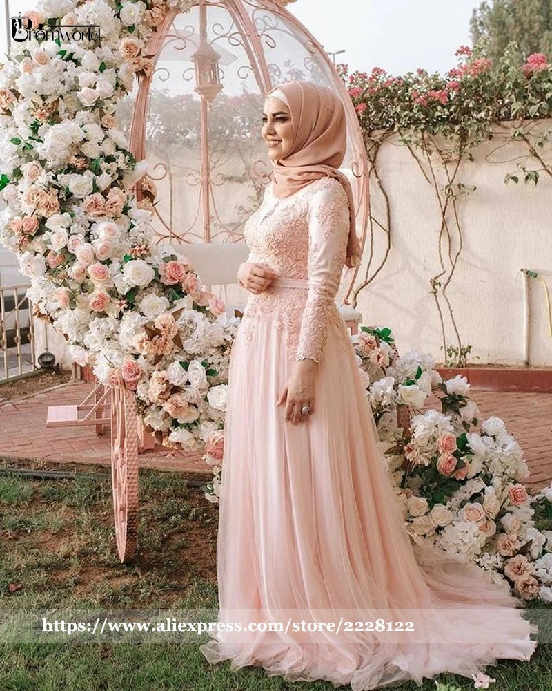 Robe De Soirée De Mariage Muslim Evening Dresses Pearl Pink A-Line Appliques Tulle Long Sleeve Lace Elegant Hijab Evening Gowns black evening gowns