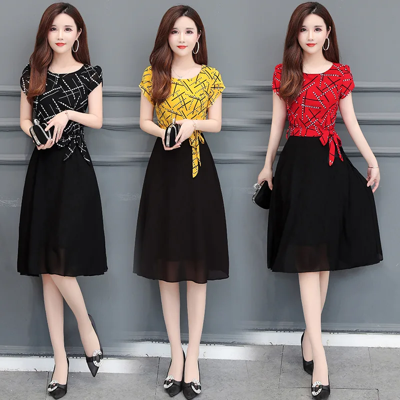 

New Style Floral Printed Dress Female Spring Summer Large Size Dress Korean-style Fashion Elegant Slimming Short Sleeve Mid-leng