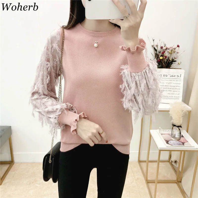 Woherb Pull Femme кружево выдалбливают лоскутный свитер для женщин перо золото бархат рукав пуловер корейская мода новые Джемперы 91009