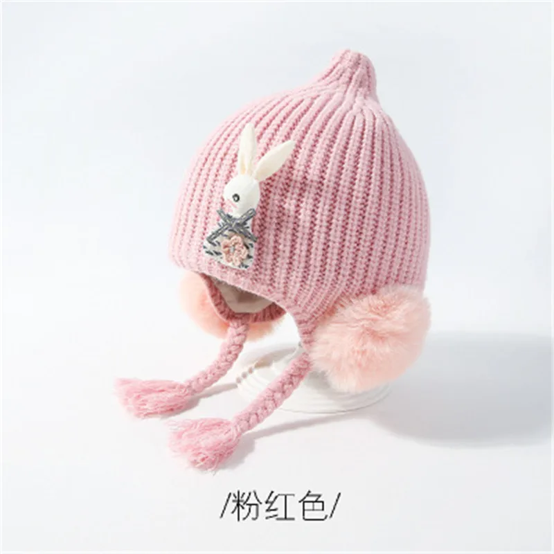 Осенне-зимние помпоны-кролики, одноцветные теплые детские шапки Skullie Beanies, эластичная шапка, модные аксессуары для девочек, QNC - Цвет: 4