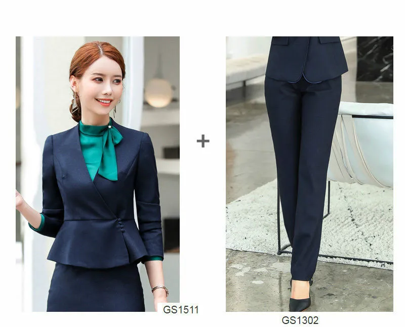 Blue Pants Set Женский элегантный деловой костюм с брюками для офиса, комплект из 2 предметов, женский костюм, комплект из блейзера и брюк, деловая форма, одежда - Цвет: Blue Pants Set
