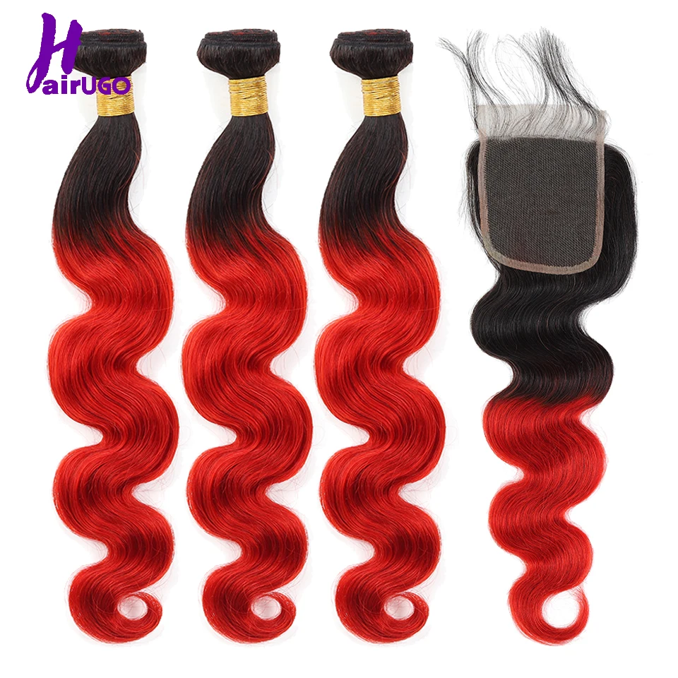

HairUGo Hair Ombre Malaysian Body Wave 3 Bundles With Closure 1B30/1B33/1B39J# Ombre Human Hair Bundles With Closure Non Remy