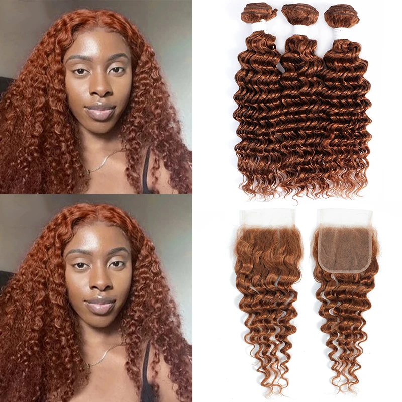 Deep Wave Human Hair Bundles With Closure 4x4 KEMY HAIR Brown Red Pre-Colored Brazilian Hair Weave Bundles With Closure Non-Remy