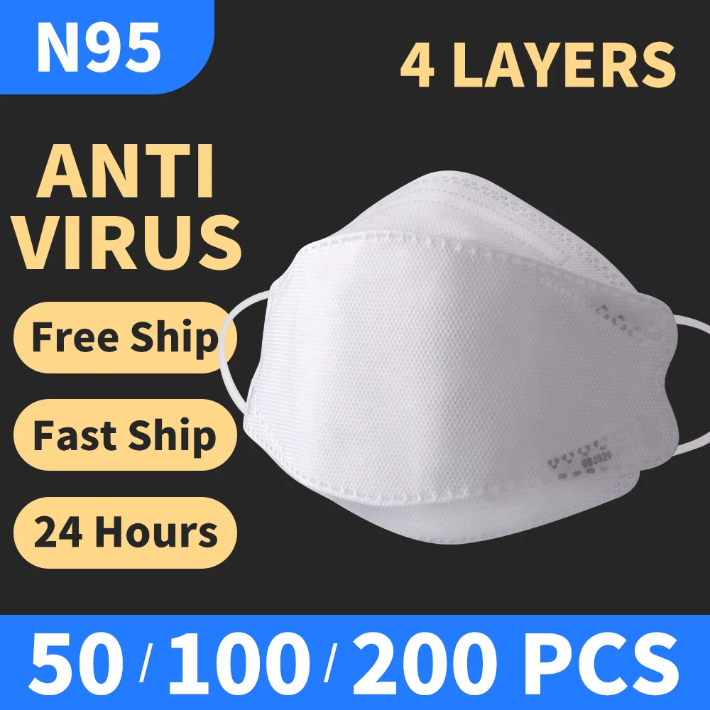 

N95 Face Mask Dispoable 50/100/200 PCS Kids Children Protective Mouth Mask Meltlown 4 Filters Layer Cloth KN95 Anti Infection