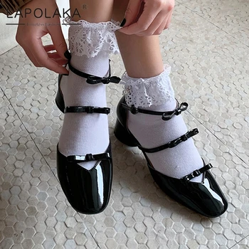 

Lapolaka 2020 Hot Sale Patent Leather Square Heels Summer Sandals Woman Shoes Sweet Bowtie Buckle Strap Black Shoes Women