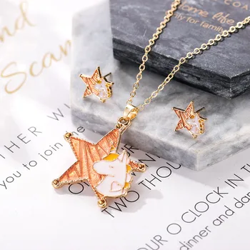 

Trendy Fashion Kids Jewelry Golden Enamel Cartoon Unicorn Pendant Necklace Earring Jewelry Sets for Women Girl Party Accessories