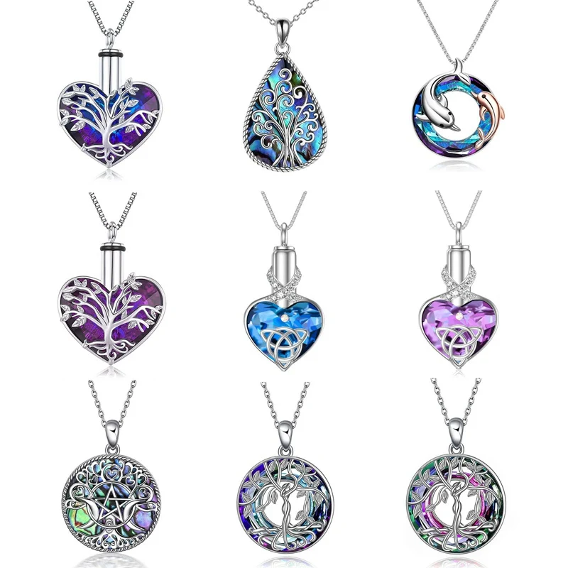19 Styles Crystal Silver Color Heart Tree Dolphin Dragonfly Pendant Necklace Metal Urn Ashes Holder Memorial Gift Jewelry
