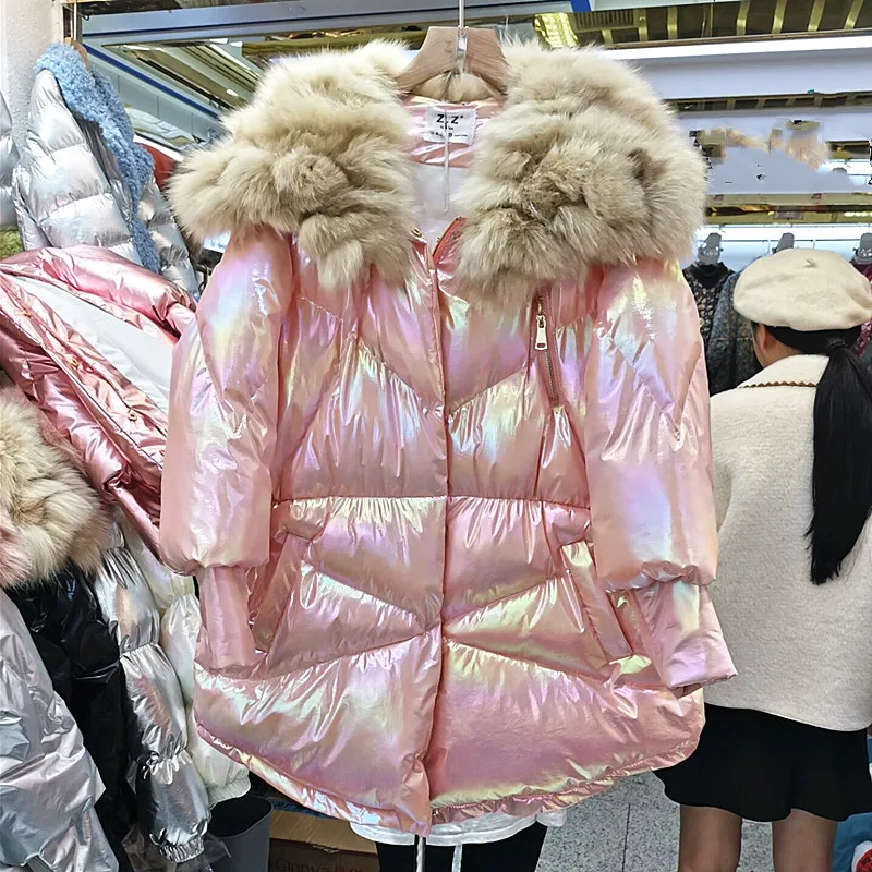 

European Style Natural Fox Fur Collar Cotton Padded Winter Jacket Women Bright Face Loose Bread Coat Female Winter Windproof