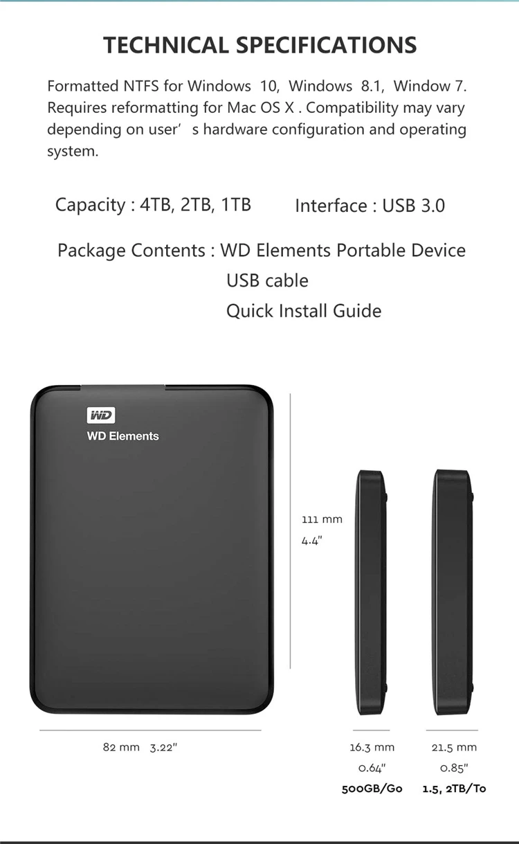 WD Elements портативный внешний жесткий диск USB3.0 HD 500GB 1 ТБ 2 ТБ большой емкости SATA устройство хранения 2," для ноутбука