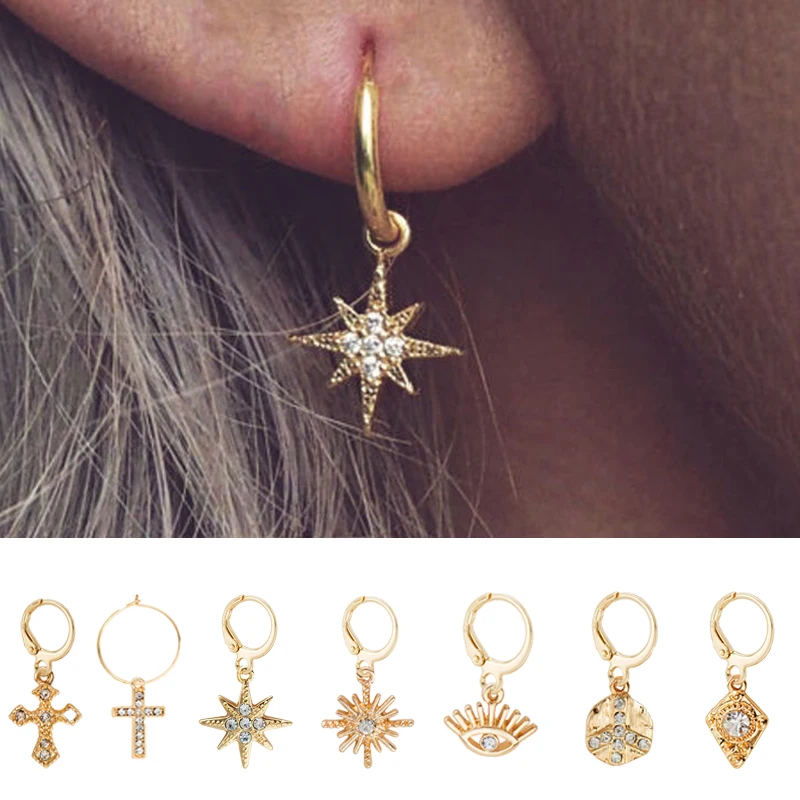 Wild&Free Star Hoop Earrings for Women Gold Coin Cross Small Eyes Tiny Huggie Hoops Earrings With Rhinestones Minimalist Jewelry|Hoop Earrings| - AliExpress