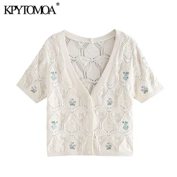 

KPYTOMOA Women 2020 Fashion Floral Embroidery Cropped Knitted Cardigan Sweater Vintage Short Sleeve Female Outerwear Chic Tops
