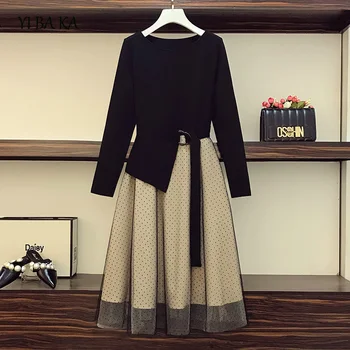 

large plus size women dress vintage vestido mujer long sleeve o neck dot print mesh patchwork autumn dress casual long dress