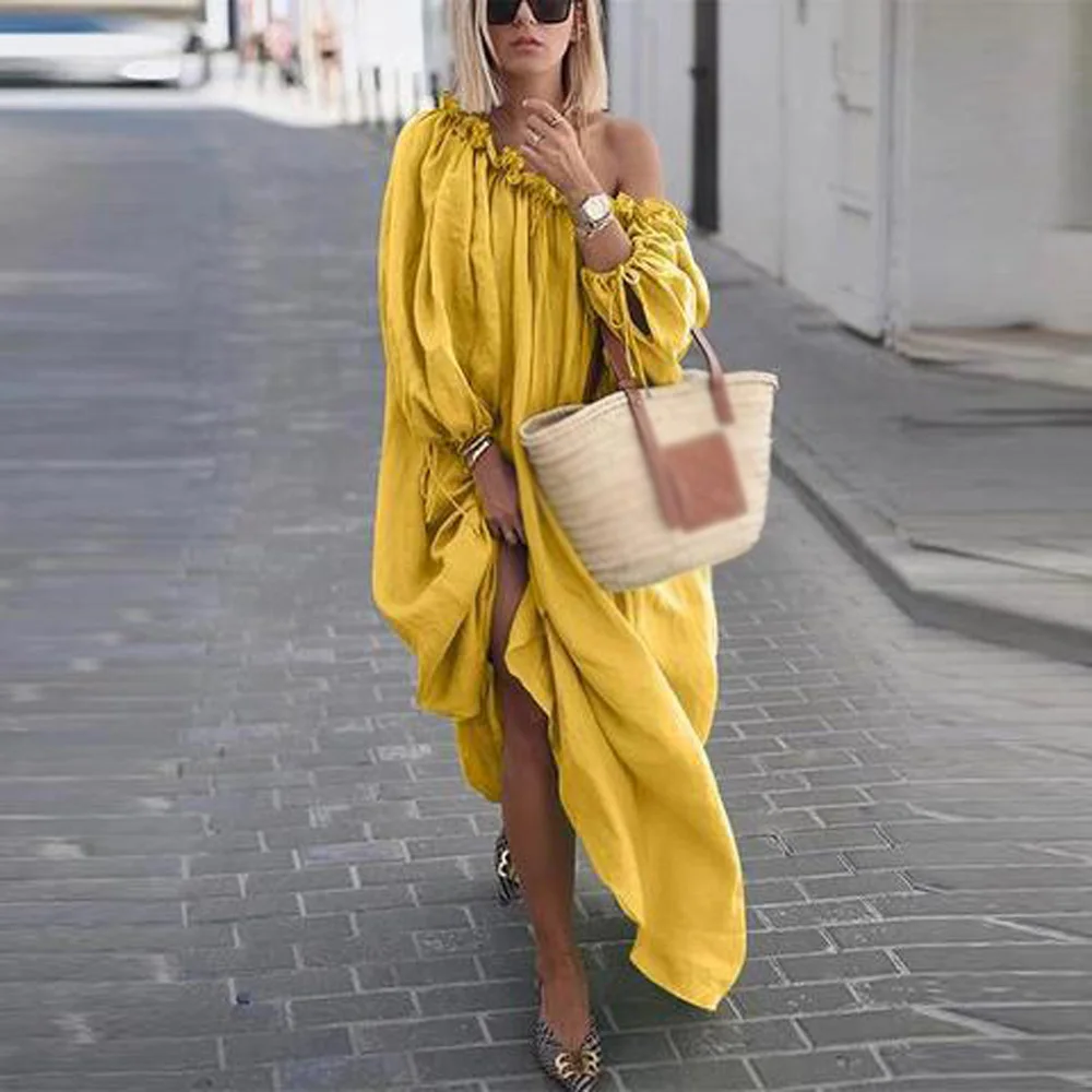 

New Arrival Dress Women Dresses Summer Pure Color Long Sleeve Bohemian Swing Sloping Shoulder Ruffled Irregular Hem Maxi Dresses