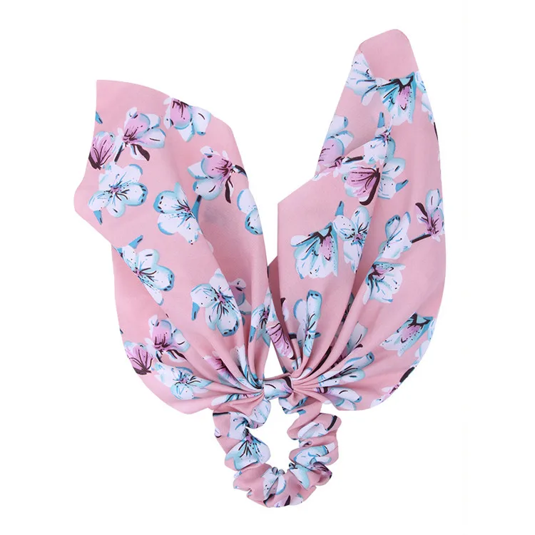 Pink Модные женские резинки для волос с цветочным принтом, бантиком и лентой, милая повязка для волос для девушек, держатель для конского хвоста, аксессуары для волос - Color: Pink