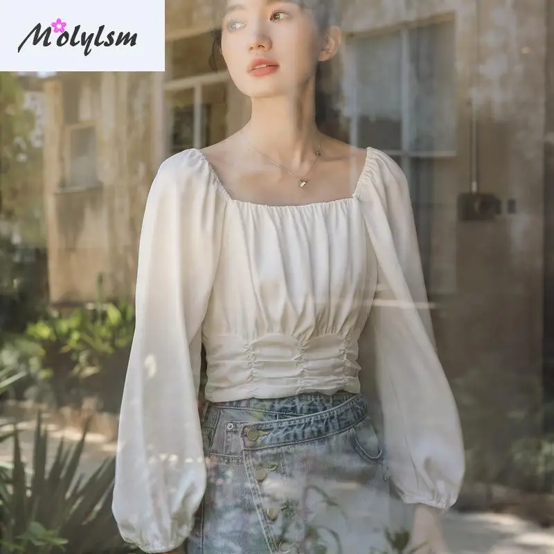 

Autumn Women Square Collar Pleated Waist Shows Thin Bubble Short Chiffon Shirt Long Sleeve Shirt Blouse Women Tops