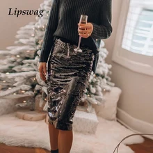 Сексуальные блестки в виде пайеток блестящая юбка для женщин Новая повседневная эластичная облегающая юбка с разрезом Весенняя летняя однотонная женская юбка