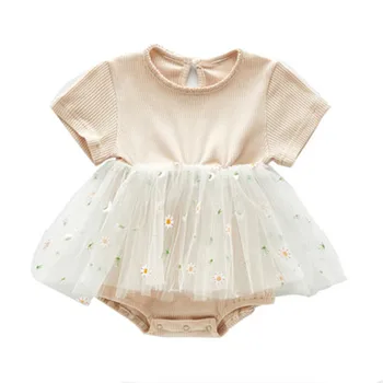 

0-24M Baby Girls Romper Cotton Short Sleeve Striped Mesh Multi-Layer Button Closure Jumpsuit For Newborn Patchwork Dress Romper