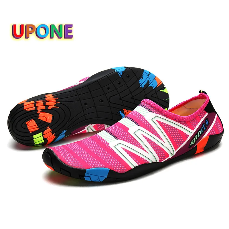 

UPONE Pink Water Shoes Barefoot Women And Men Quick-Dry Beach Aqua Shoes Slip-on Rainbow Bottom Swimming Shoes zapatillas agua