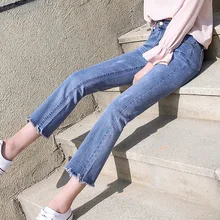 Высокая талия эластичные женские джинсы Новые микро расклешенные брюки девять минут брюки Твердые модные джинсы WKN630