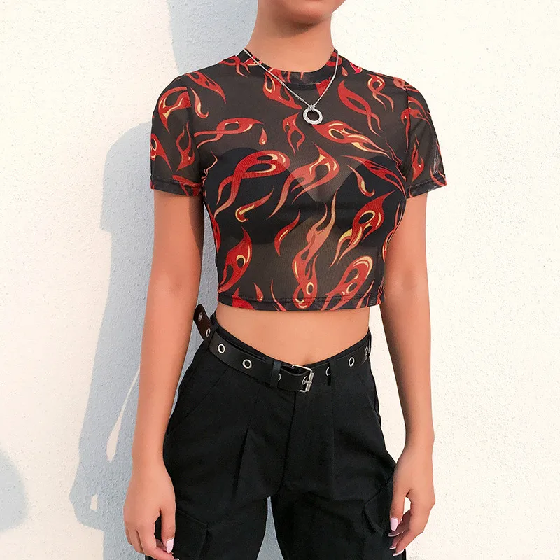 

2019 Summer Women flame print Mesh Blouses Sexy Transparent See Through Blouse Long Sleeve Shirts Female Tops Blusas