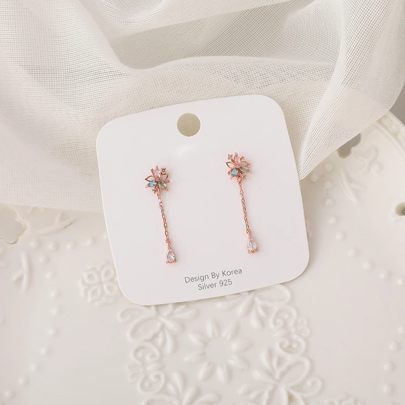 Exquisite Korean Micro Paved Cubic Zircon Dangle Earrings For Women Girls Pink Green Blue Color Rhinestone Flower Earrings Gift