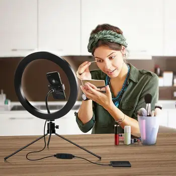 

10" LED Selfie Ring Light With Tripod Stand Phone Holder For Live Makeup Camera 10-level Adjustable Brightness LED Ring Light