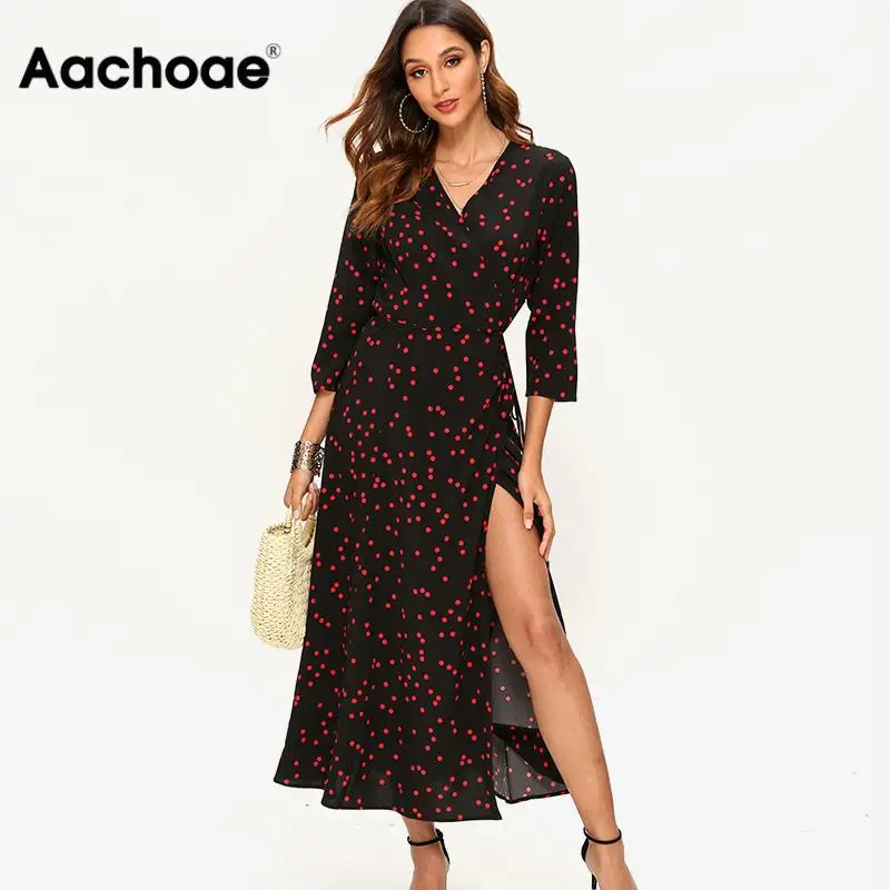 Aachoae Women Polka Dot Long Dress Boho Sexy V Neck Split Maxi Party