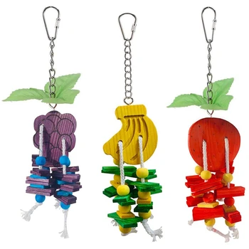 

Bird-Shaped Building Block Toys, Three Natural Wooden Parrot Chewing Toys, Fruit-Shaped Hanging Cage Toys, Parrot Toys