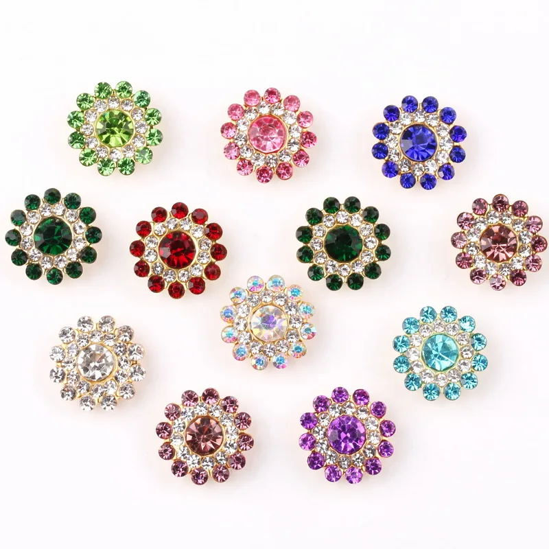 Sew On Rhinestones 14mm Flower-Shaped Round Glass Crystal Rhinestones in Gold Base Flat Back Beads DIY Trim