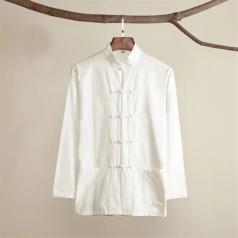 Men Hanfu Top Cotton Tang Suit Clothes Kung Fu Tai Chi Coat Blouse China Style Vintage Long Sleeve