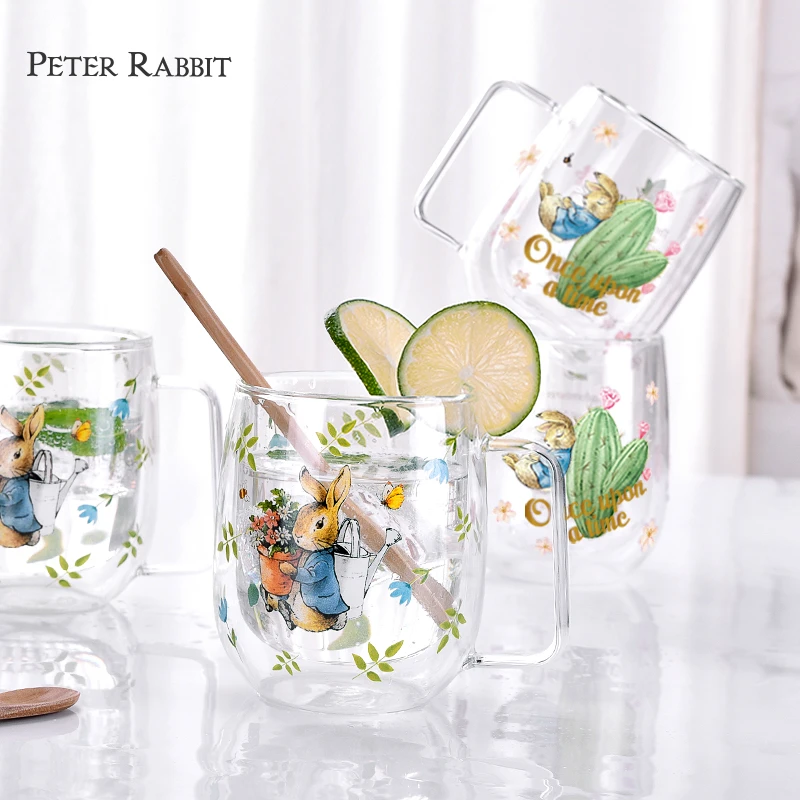 

UK PETER RABBIT Brand Double Wall Glass Coffee Cups Taza Cafe Heat Insulation Safe Tea Mug Lid Fine Illustration Beatrix Potter