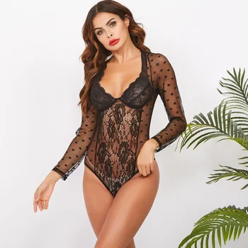 

Ladies One Piece Lingerie Body Suit for Women Girls Long Sleeves Black Lace Teddy Sheer Bodysuit Sexy Net Lingerie Perspective