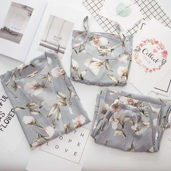 

women pajamas set autumn cotton sleepwear 3 pieces pajamas for women sling and long sleeves home service sexy robe homewear suit