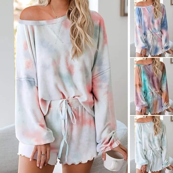 

Womens Tie-dye Pajamas Long-sleeve Wood Ear Side Tracksuit Suit Shorts Two-piece Set