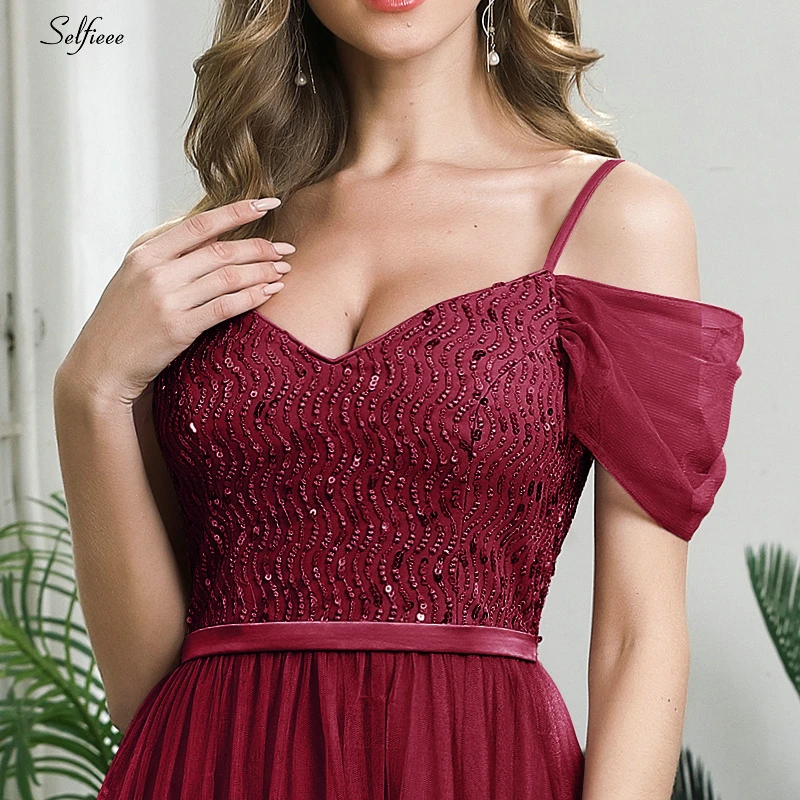 Elegant Laides Party Dress A-Line V-Neck Spaghetti Straps Sequined Short Sleeve Maxi Women Dress Sparkle Formal Gown Robe Femme