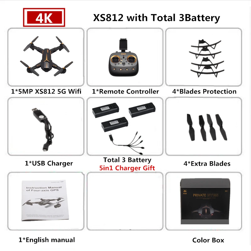 VISUO XS812 Радиоуправляемый Дрон 4K gps Квадрокоптер с WiFI FPV Камера вертолет 5G следование за мной складной Квадрокоптер VS F11 SG906 B4W E520S - Цвет: 3 Color Box 4K