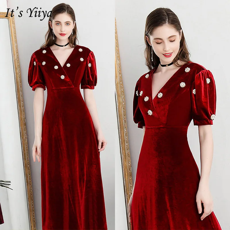 It's Yiya вечернее платье короткая с рукавом-фонариком v-образным вырезом ТРАПЕЦИЕВИДНОЕ платье длиной до колен элегантное винтажное велюровое платье de Soiree E1037