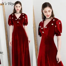 It's Yiya вечернее платье короткая с рукавом-фонариком v-образным вырезом ТРАПЕЦИЕВИДНОЕ платье длиной до колен элегантное винтажное велюровое платье de Soiree E1037