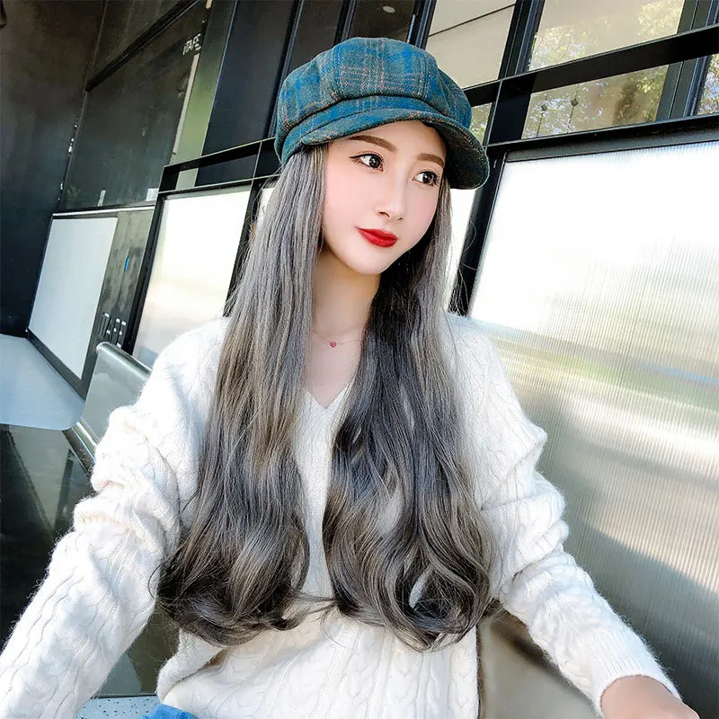 New Women Long Hair Hat Female Autumn Winter Fashion Caramel Color Retro Grid Beret Hat with Wave Wig For Lady Girls F35705AD