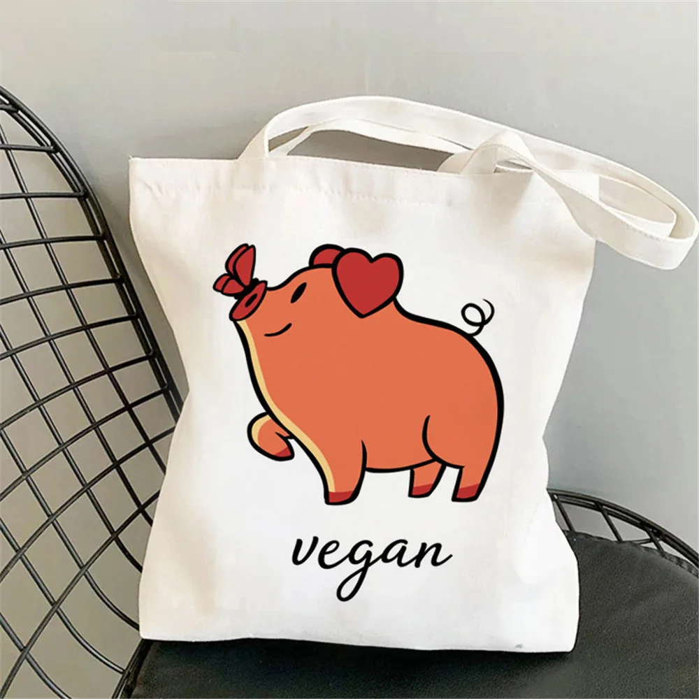 

Vegan Lovely Pig Cute Cow Funny Animals Daily Use Handbag Letter Printed Foldable Washable Reusable Ecobag Cabas Shopping Bag