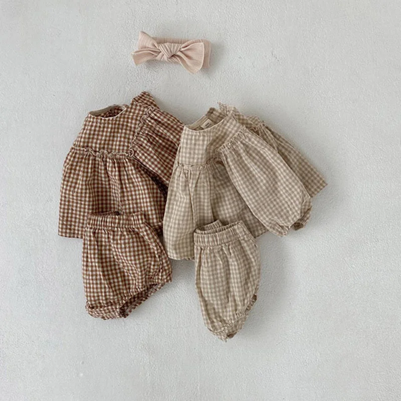 Baby Girls Suit 2022 Baby Girls Clothes Little Plaid Infant Girls Clothes Set Puff Sleeve Blouse + Bloomer 2pcs Toddler Clothes baby clothes mini set