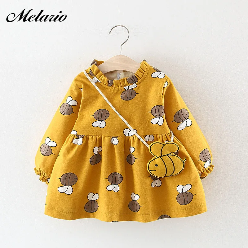 

Melario Winter Baby Girls Dresses Cartoon Bee Long Sleeve Ruffles Collar Thick Warm Kids Dress with Bag Infant Clothes Vestido
