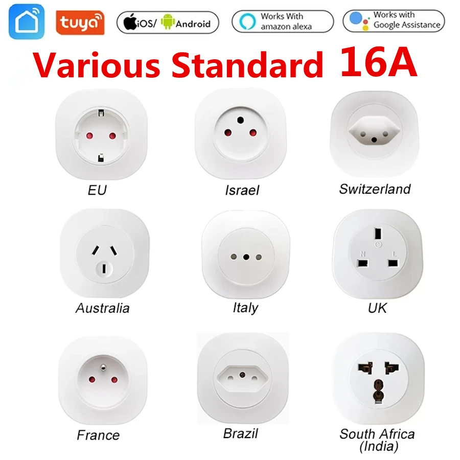 16A Tuya WIFI Plug Smart life Socket Outlet UK EU AU Brazil FR Israel IT Plug APP Remote Control
