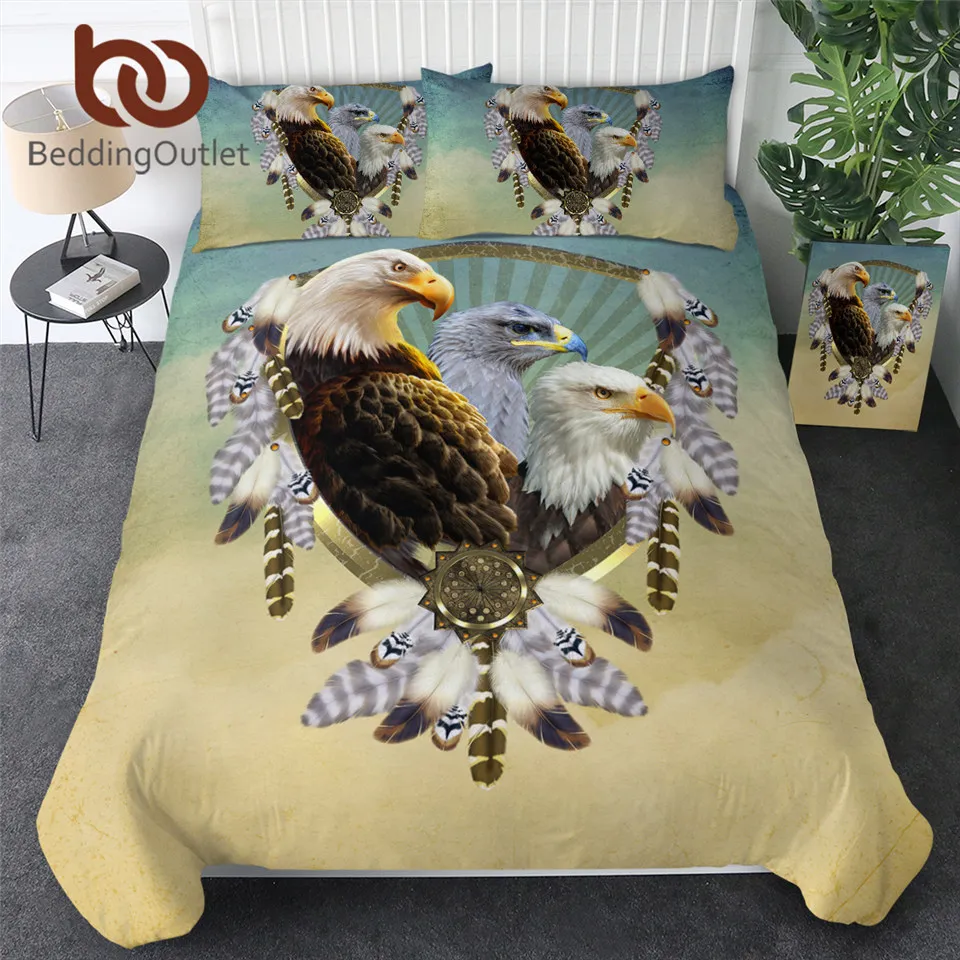 BeddingOutlet Three Eagles Bedding Set Queen Size Feathers Dreamcatcher Duvet Cover 3D Printed