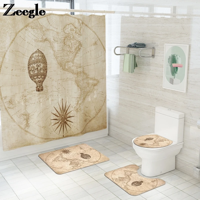4PCS Printing Shower Curtain Mat Absorbent Bathroom Mat Set Anti Slip Mat For Bathroom Microfiber Foot Mat Toilet Carpet