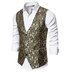 Роскошное Золотое жаккардовое платье с цветочным рисунком жилет для мужчин 2019 брендовый жилет без рукавов мужской жилет Homme костюм деловой