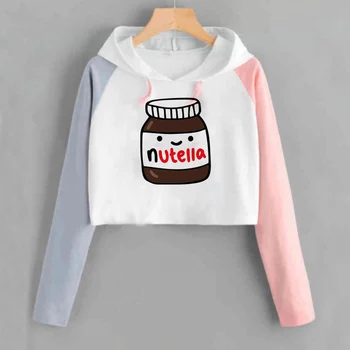 

Fashion Spring Autumn Women Crop Hoodie with Cap Print Nutella Food Sweatshirts Funny Gaphic Hoody Tracksuits Top Sudadera