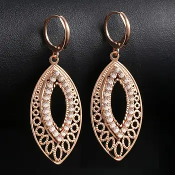 

585 Rose Gold Cut Out Leaf Shaped Drop Earrings for Womens Girls Hollow Paved CZ Drop Dangle Earrings GE196A