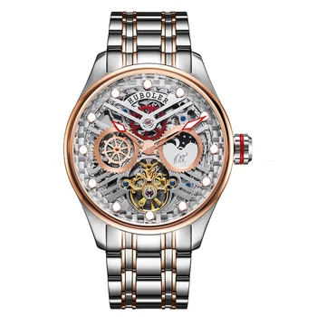 

44MM Huboler Multi-function Men Tourbillon Automatic Mechanical Watches Calendar Moonphase Dial Mens Luminous Rose gold watch