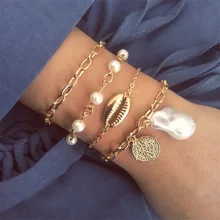 4 шт./компл. Женский комплект браслетов ретро круглый жемчуг в оправке цепочка Кулон Золотой многослойный браслет Дамская Классическая одежда аксессуары